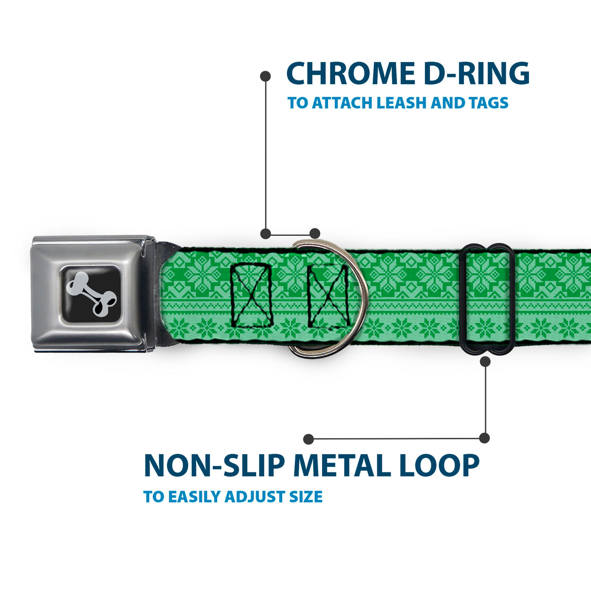 Dog Bone Black/Silver Seatbelt Buckle Collar - Christmas Holiday Fair Isle Stitch Pattern Greens Dog Collars Seatbelt Buckle Buckle-Down