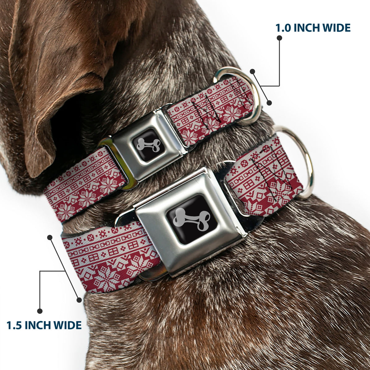 Dog Bone Black/Silver Seatbelt Buckle Collar - Christmas Holiday Fair Isle Stitch Pattern White/Red Dog Collars Seatbelt Buckle Buckle-Down