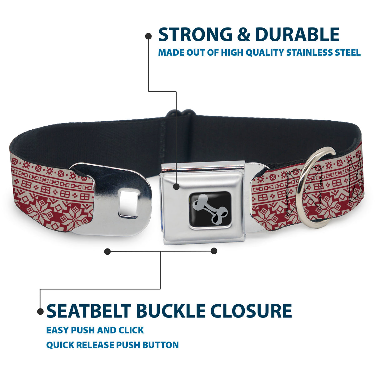Dog Bone Black/Silver Seatbelt Buckle Collar - Christmas Holiday Fair Isle Stitch Pattern White/Red Dog Collars Seatbelt Buckle Buckle-Down