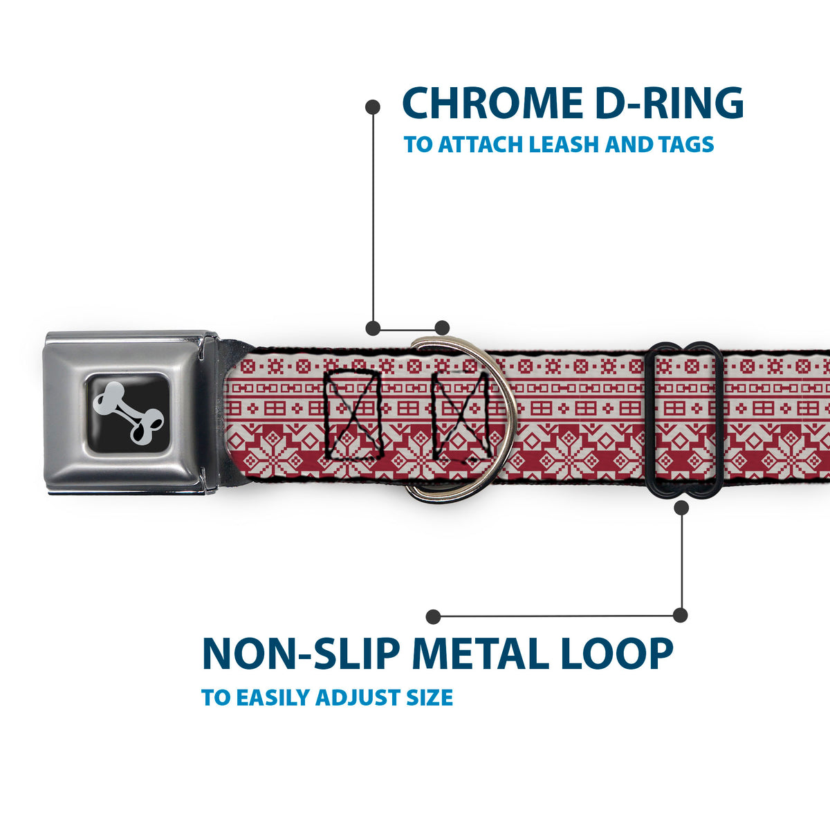 Dog Bone Black/Silver Seatbelt Buckle Collar - Christmas Holiday Fair Isle Stitch Pattern White/Red Dog Collars Seatbelt Buckle Buckle-Down