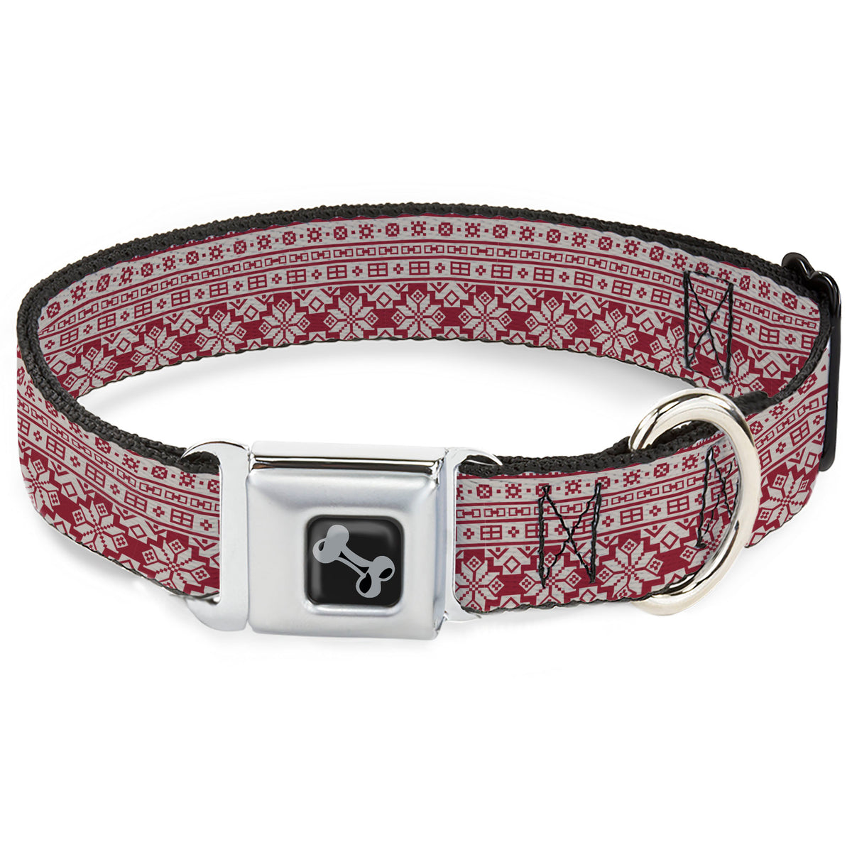 Dog Bone Black/Silver Seatbelt Buckle Collar - Christmas Holiday Fair Isle Stitch Pattern White/Red Dog Collars Seatbelt Buckle Buckle-Down