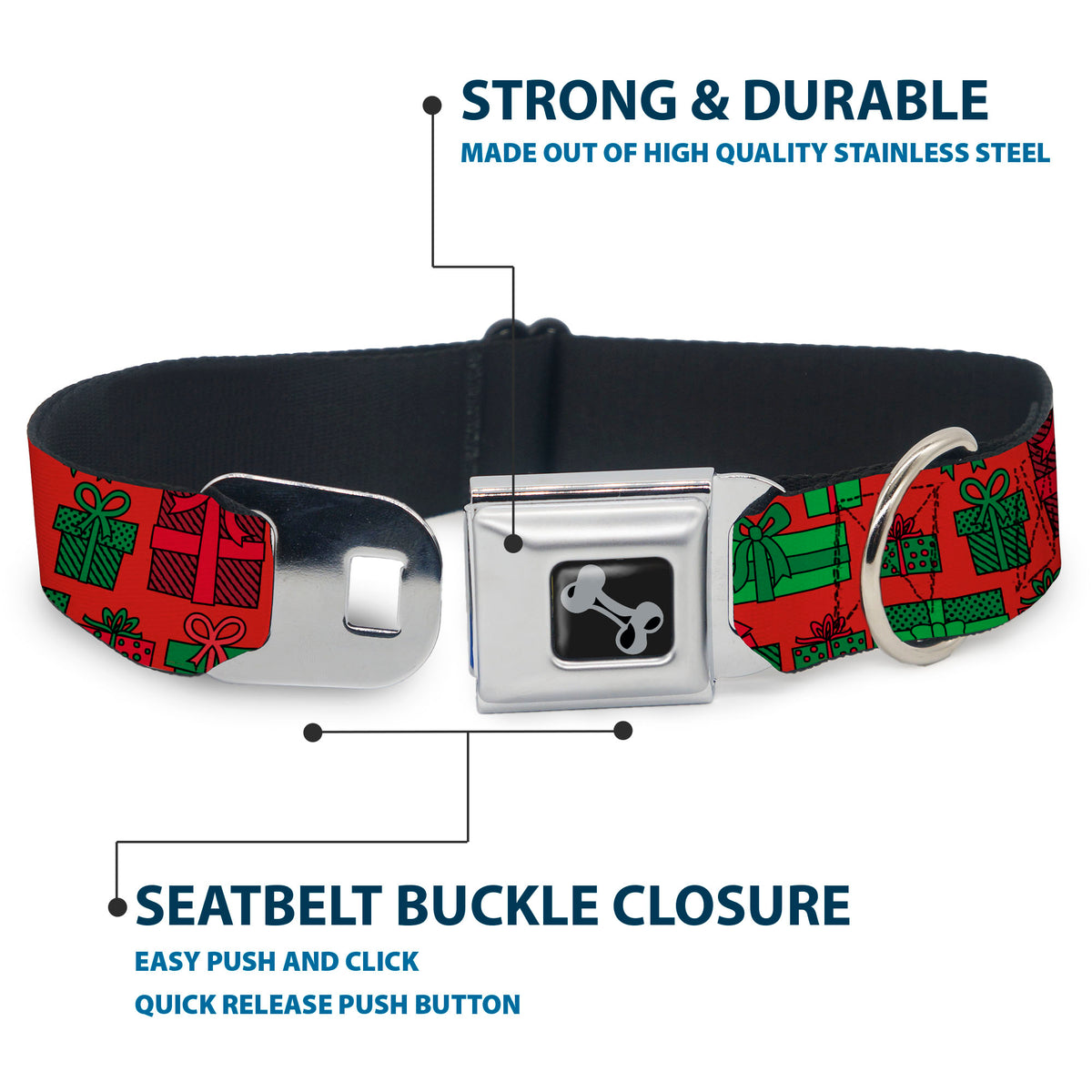Dog Bone Black/Silver Seatbelt Buckle Collar - Christmas Holiday Gifts Packaged Red/Greens Dog Collars Seatbelt Buckle Buckle-Down