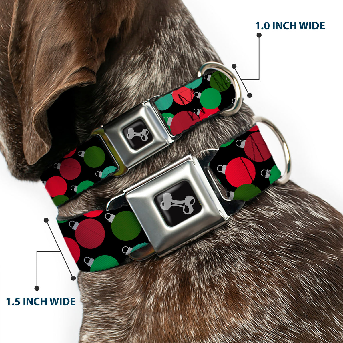 Dog Bone Black/Silver Seatbelt Buckle Collar - Christmas Holiday Globe Ball Ornaments Stacked Black/Reds/Greens Dog Collars Seatbelt Buckle Buckle-Down