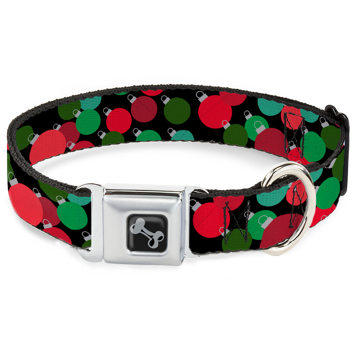 Dog Bone Black/Silver Seatbelt Buckle Collar - Christmas Holiday Globe Ball Ornaments Stacked Black/Reds/Greens Dog Collars Seatbelt Buckle Buckle-Down