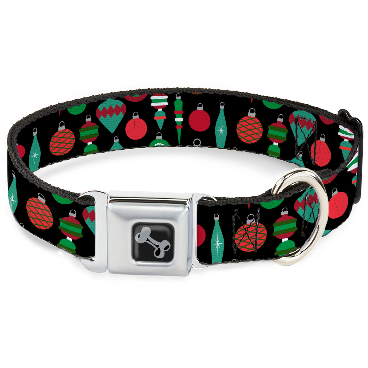 Dog Bone Black/Silver Seatbelt Buckle Collar - Christmas Holiday Finial Bauble Ornaments Black/Reds/Greens Dog Collars Seatbelt Buckle Buckle-Down