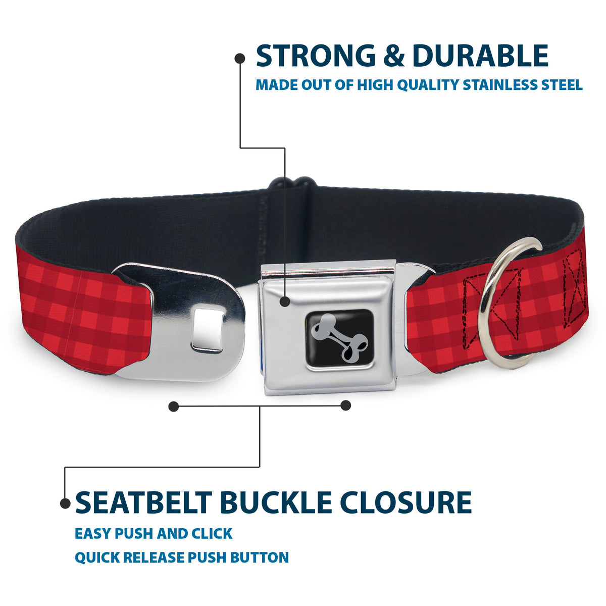 Dog Bone Black/Silver Seatbelt Buckle Collar - Christmas Pajama Plaid Reds Dog Collars Seatbelt Buckle Buckle-Down