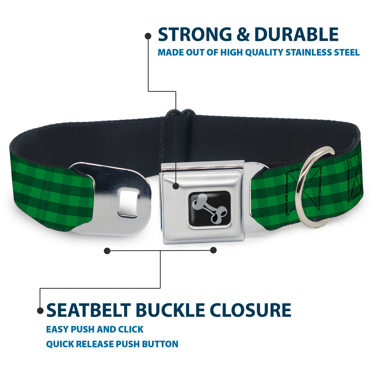 Dog Bone Black/Silver Seatbelt Buckle Collar - Christmas Pajama Plaid Greens Dog Collars Seatbelt Buckle Buckle-Down