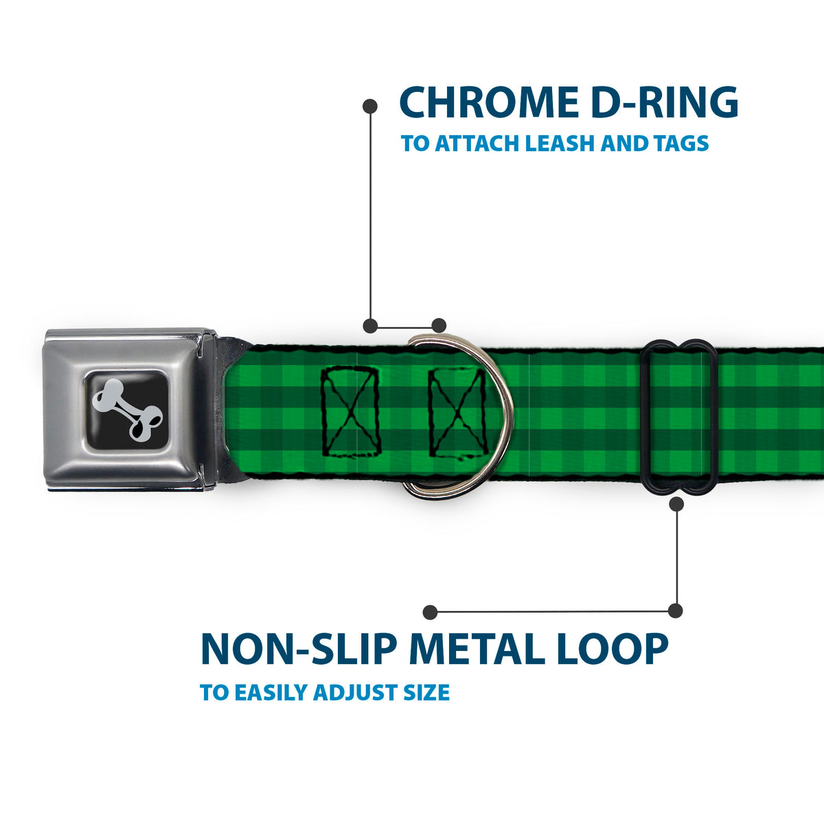 Dog Bone Black/Silver Seatbelt Buckle Collar - Christmas Pajama Plaid Greens Dog Collars Seatbelt Buckle Buckle-Down