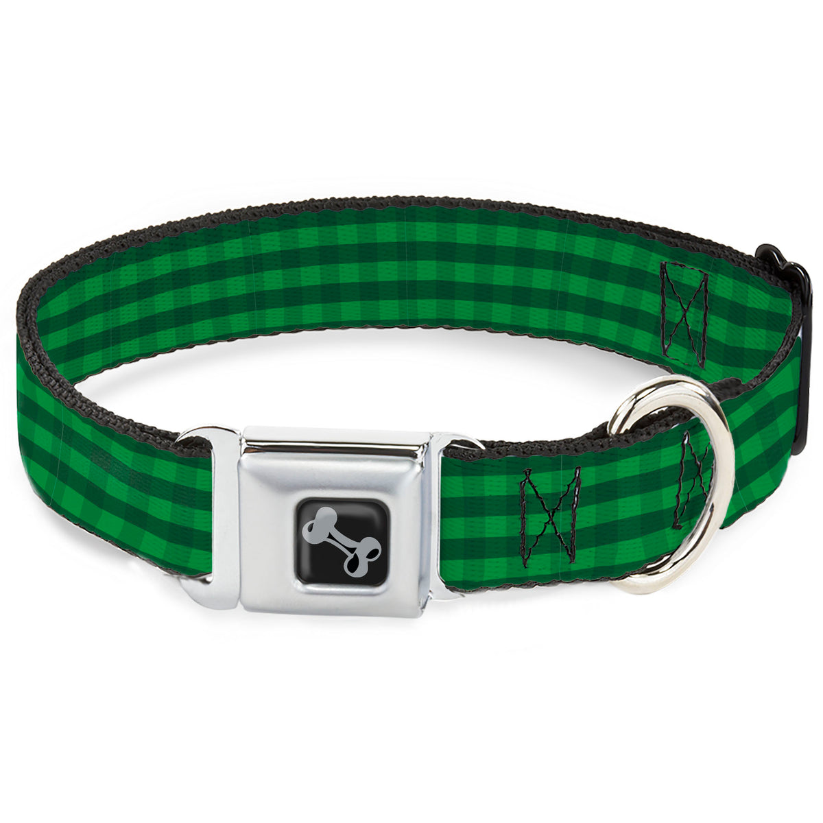 Dog Bone Black/Silver Seatbelt Buckle Collar - Christmas Pajama Plaid Greens Dog Collars Seatbelt Buckle Buckle-Down