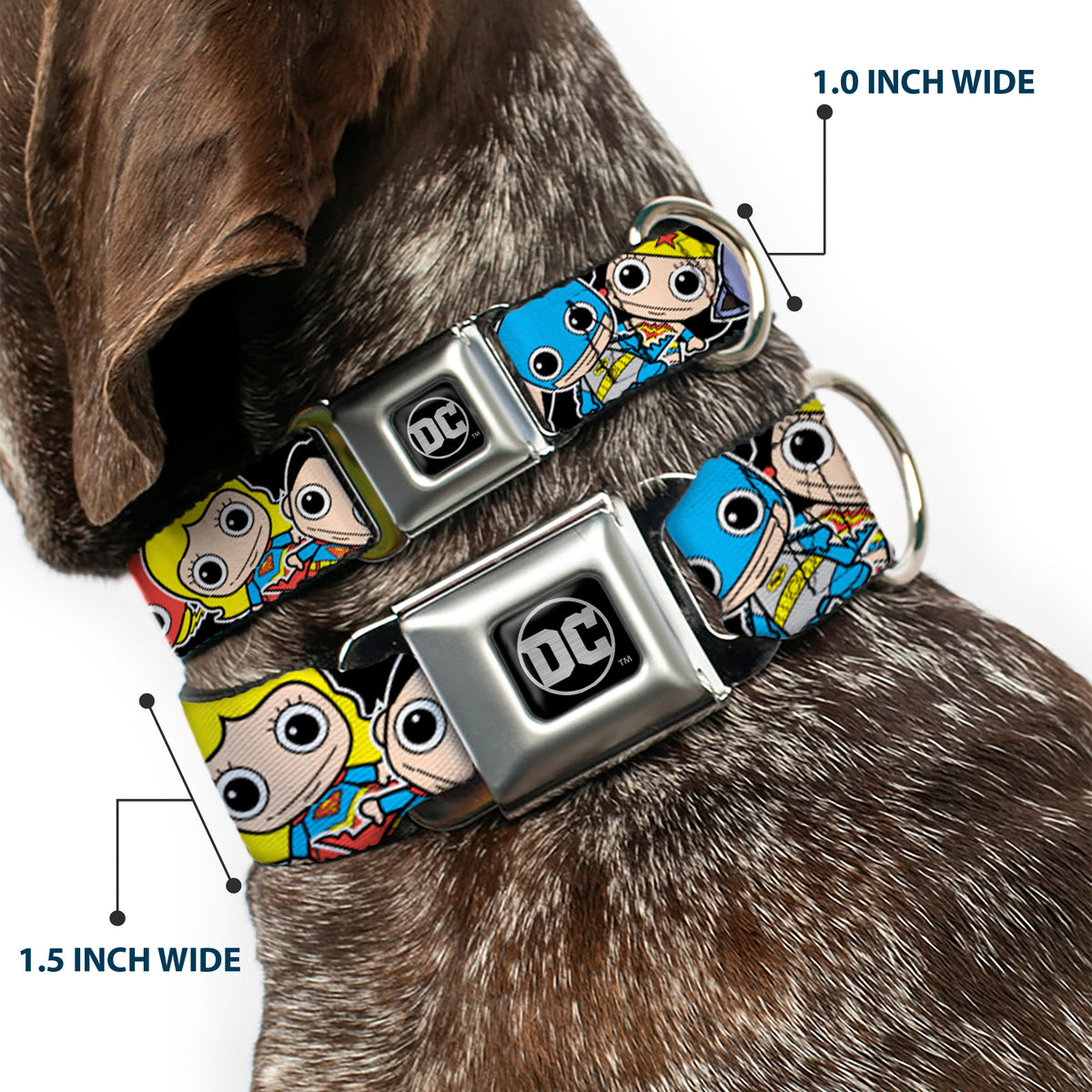 DC Round Logo Black/Silver Seatbelt Buckle Collar - DC Mini Group Stacked Black Dog Collars Seatbelt Buckle DC Comics