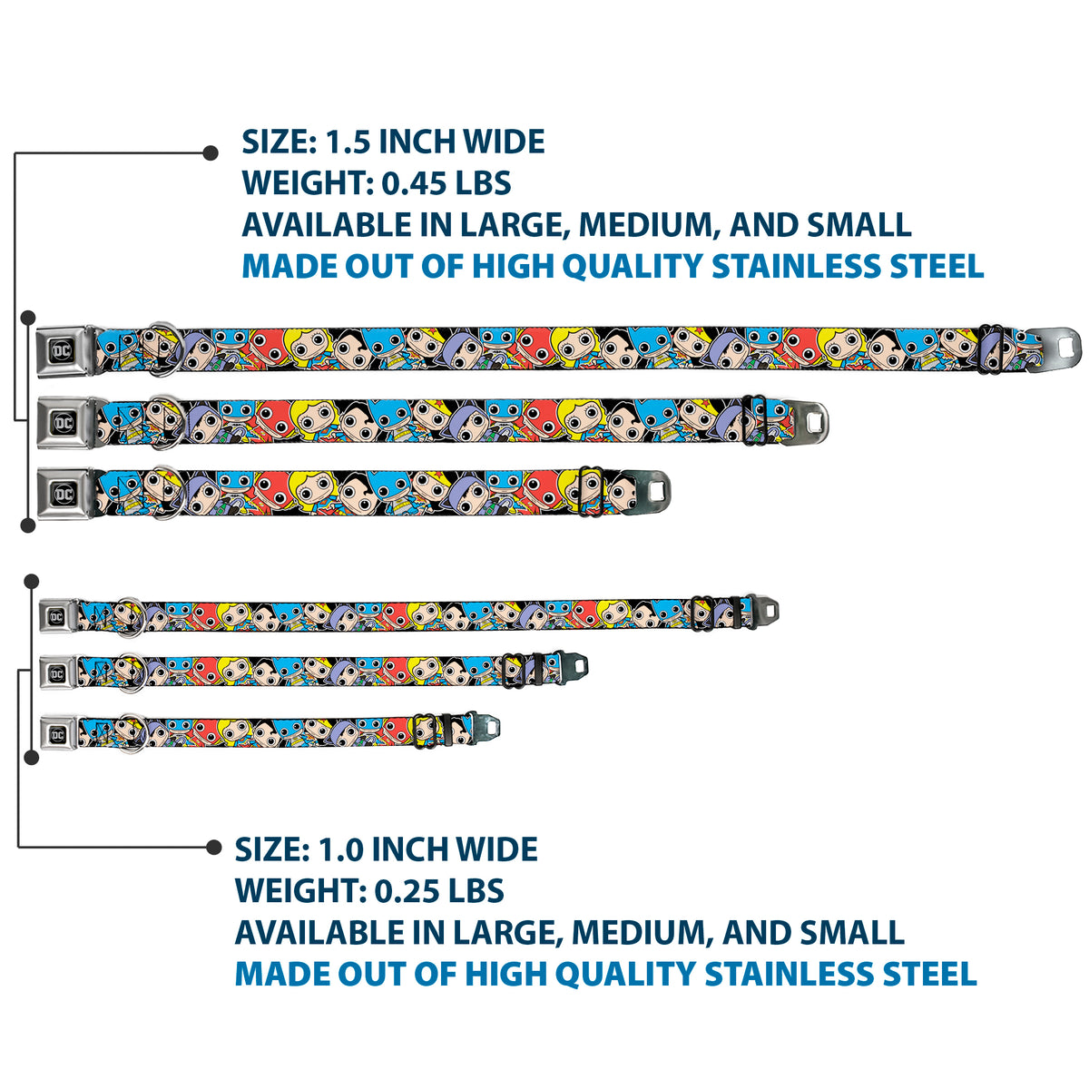 DC Round Logo Black/Silver Seatbelt Buckle Collar - DC Mini Group Stacked Black Dog Collars Seatbelt Buckle DC Comics