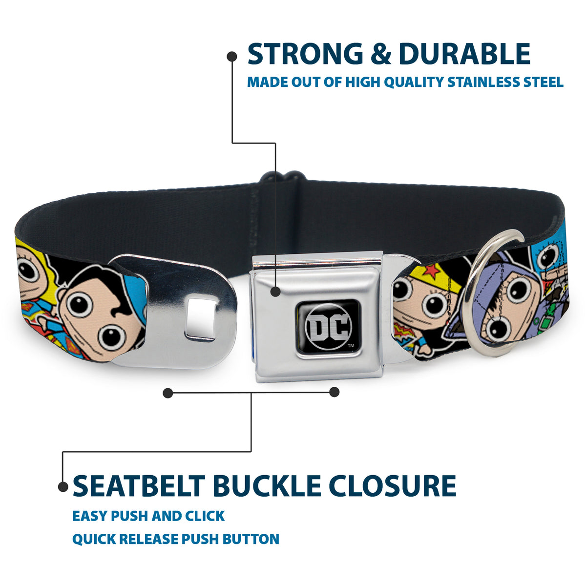 DC Round Logo Black/Silver Seatbelt Buckle Collar - DC Mini Group Stacked Black Dog Collars Seatbelt Buckle DC Comics
