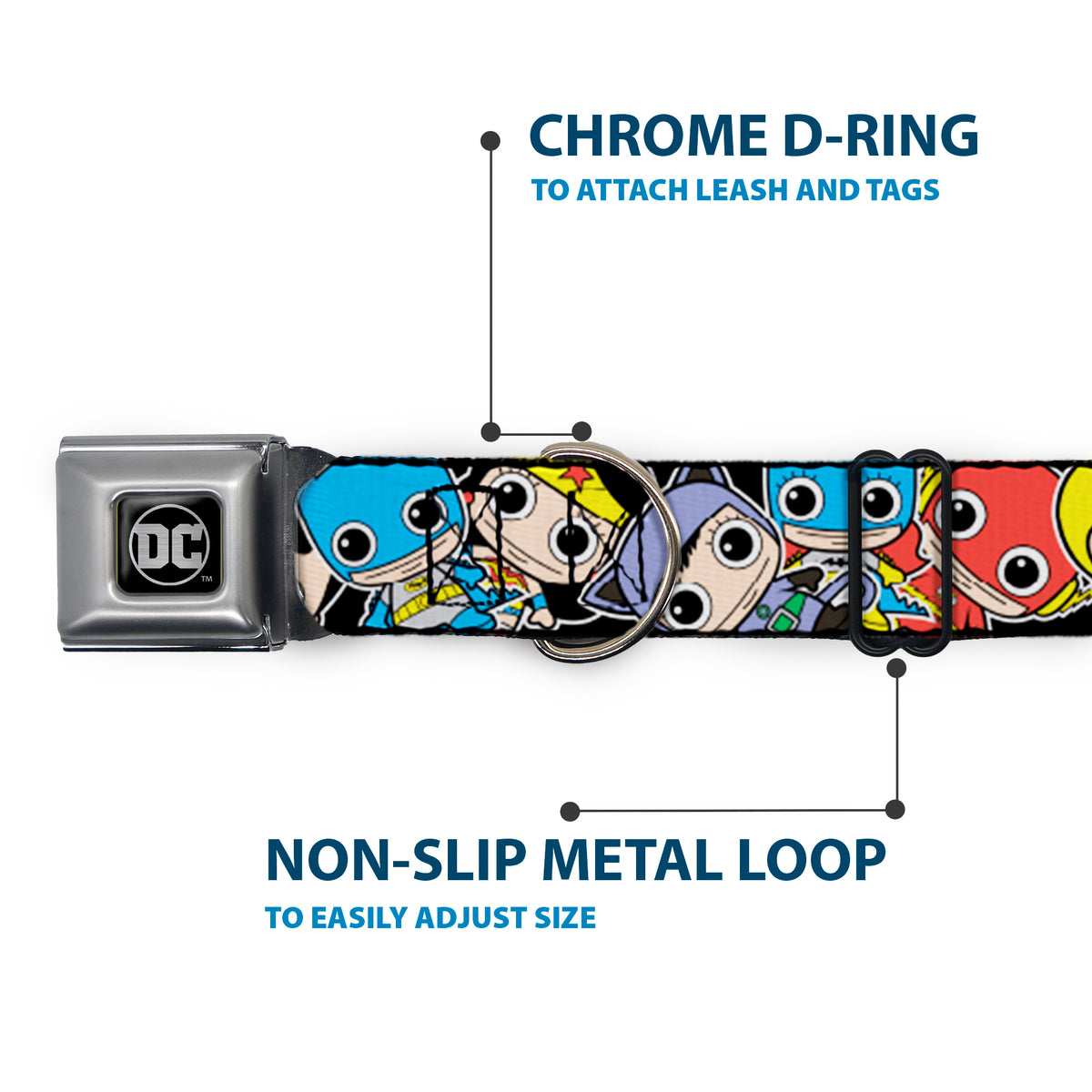 DC Round Logo Black/Silver Seatbelt Buckle Collar - DC Mini Group Stacked Black Dog Collars Seatbelt Buckle DC Comics