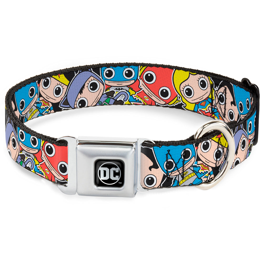 DC Round Logo Black/Silver Seatbelt Buckle Collar - DC Mini Group Stacked Black Dog Collars Seatbelt Buckle DC Comics