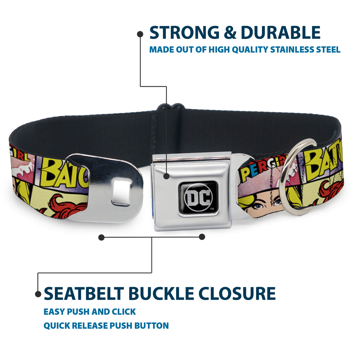 DC Round Logo Black/Silver Seatbelt Buckle Collar - Superheroines Wonder Woman/Supergirl/Batgirl Dog Collars Seatbelt Buckle DC Comics
