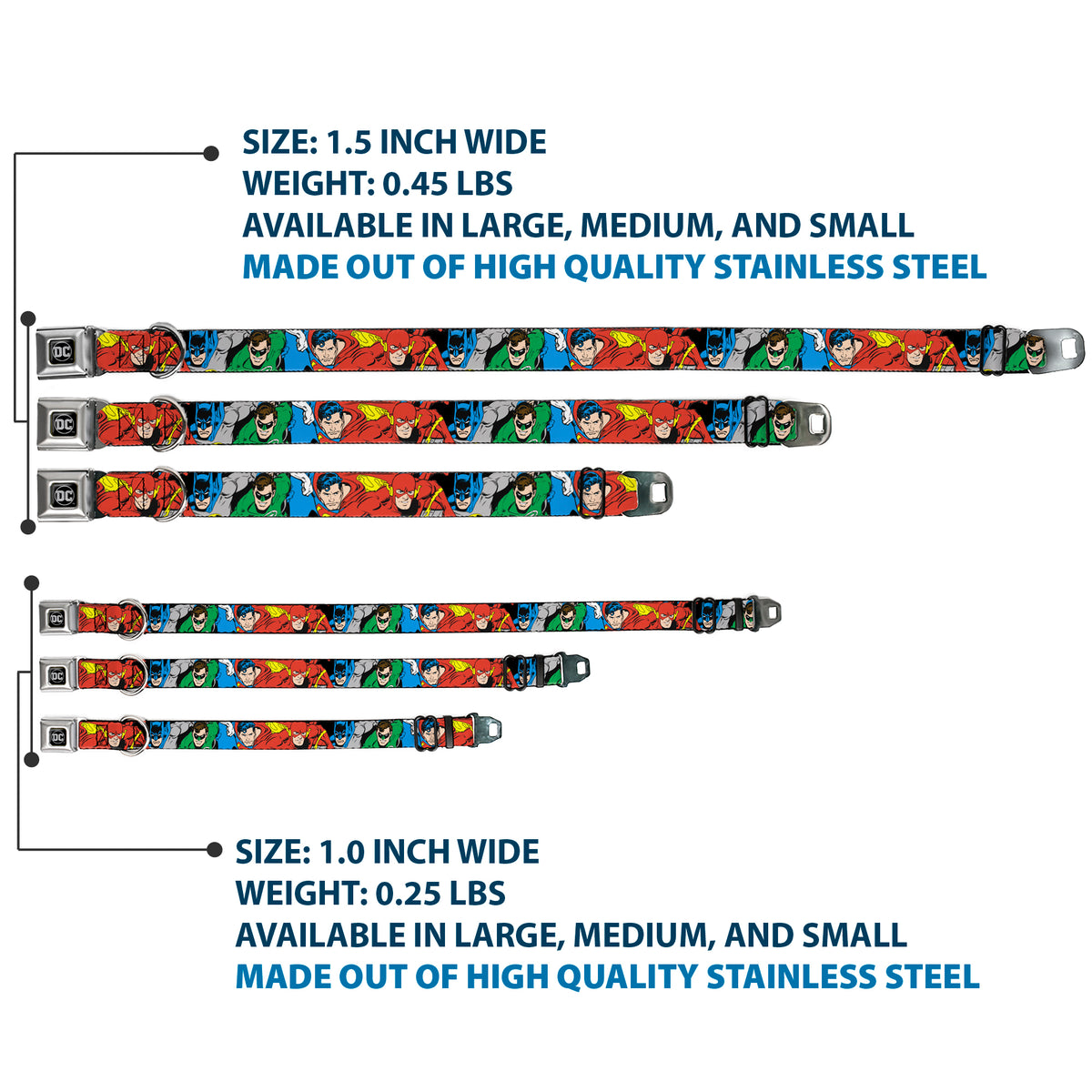 DC Round Logo Black/Silver Seatbelt Buckle Collar - Justice League Superheroes CLOSE-UP New Dog Collars Seatbelt Buckle DC Comics