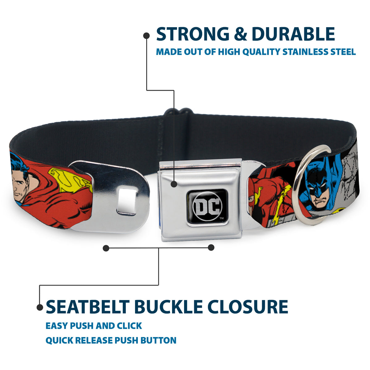 DC Round Logo Black/Silver Seatbelt Buckle Collar - Justice League Superheroes CLOSE-UP New Dog Collars Seatbelt Buckle DC Comics