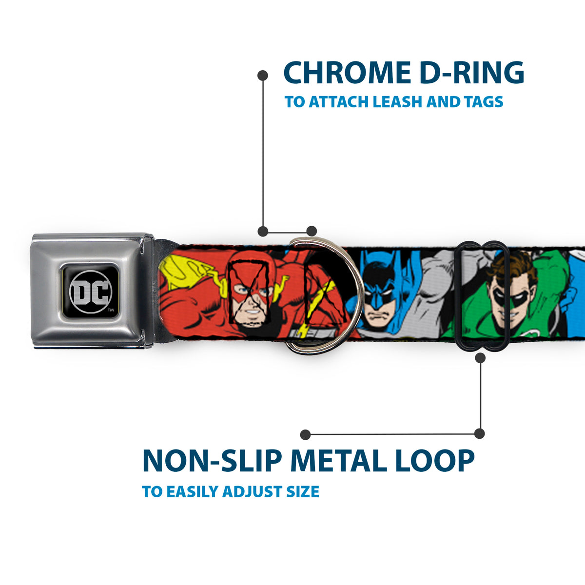 DC Round Logo Black/Silver Seatbelt Buckle Collar - Justice League Superheroes CLOSE-UP New Dog Collars Seatbelt Buckle DC Comics