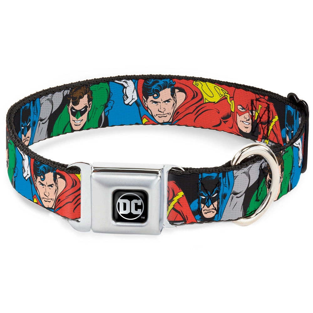 DC Round Logo Black/Silver Seatbelt Buckle Collar - Justice League Superheroes CLOSE-UP New Dog Collars Seatbelt Buckle DC Comics