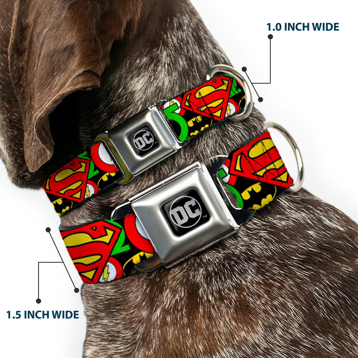 DC Round Logo Black/Silver Seatbelt Buckle Collar - Justice League Stacked Logos Dog Collars Seatbelt Buckle DC Comics
