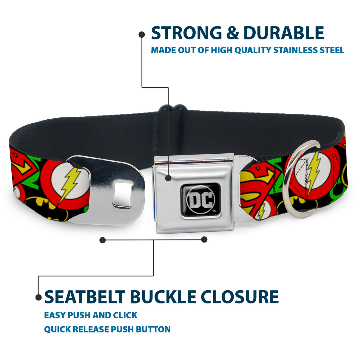 DC Round Logo Black/Silver Seatbelt Buckle Collar - Justice League Stacked Logos Dog Collars Seatbelt Buckle DC Comics