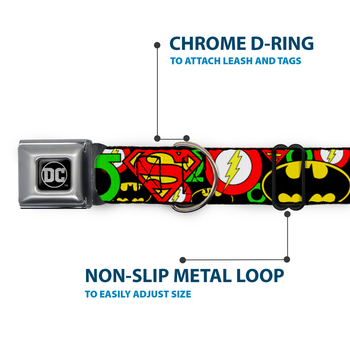 DC Round Logo Black/Silver Seatbelt Buckle Collar - Justice League Stacked Logos Dog Collars Seatbelt Buckle DC Comics