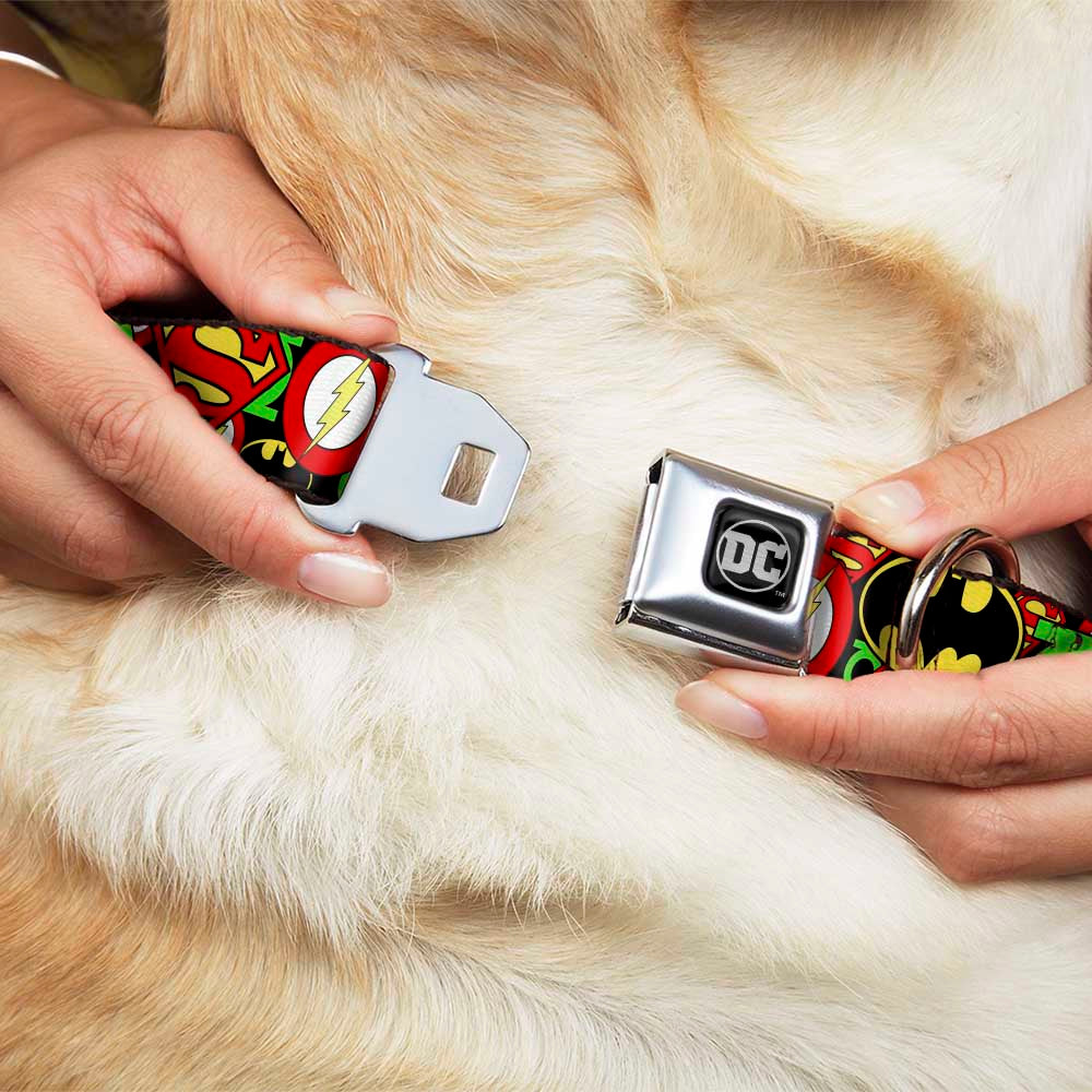 DC Round Logo Black/Silver Seatbelt Buckle Collar - Justice League Stacked Logos Dog Collars Seatbelt Buckle DC Comics