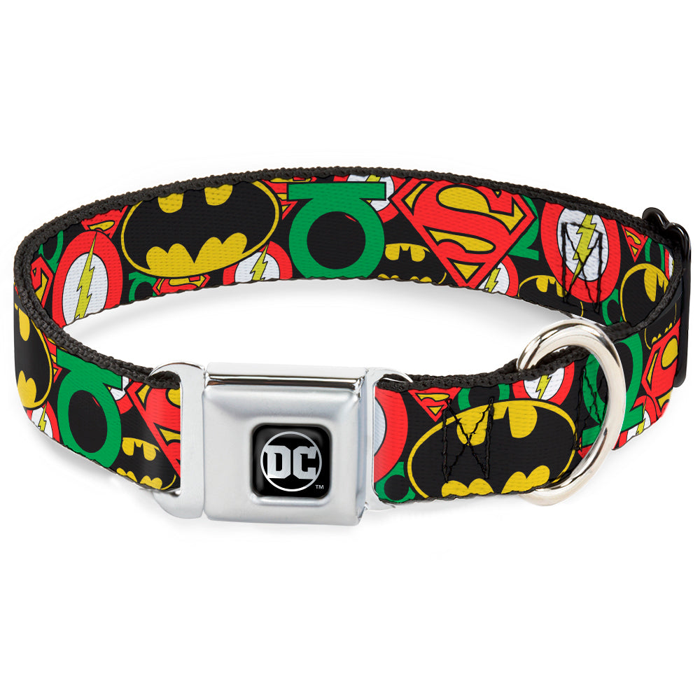 DC Round Logo Black/Silver Seatbelt Buckle Collar - Justice League Stacked Logos Dog Collars Seatbelt Buckle DC Comics