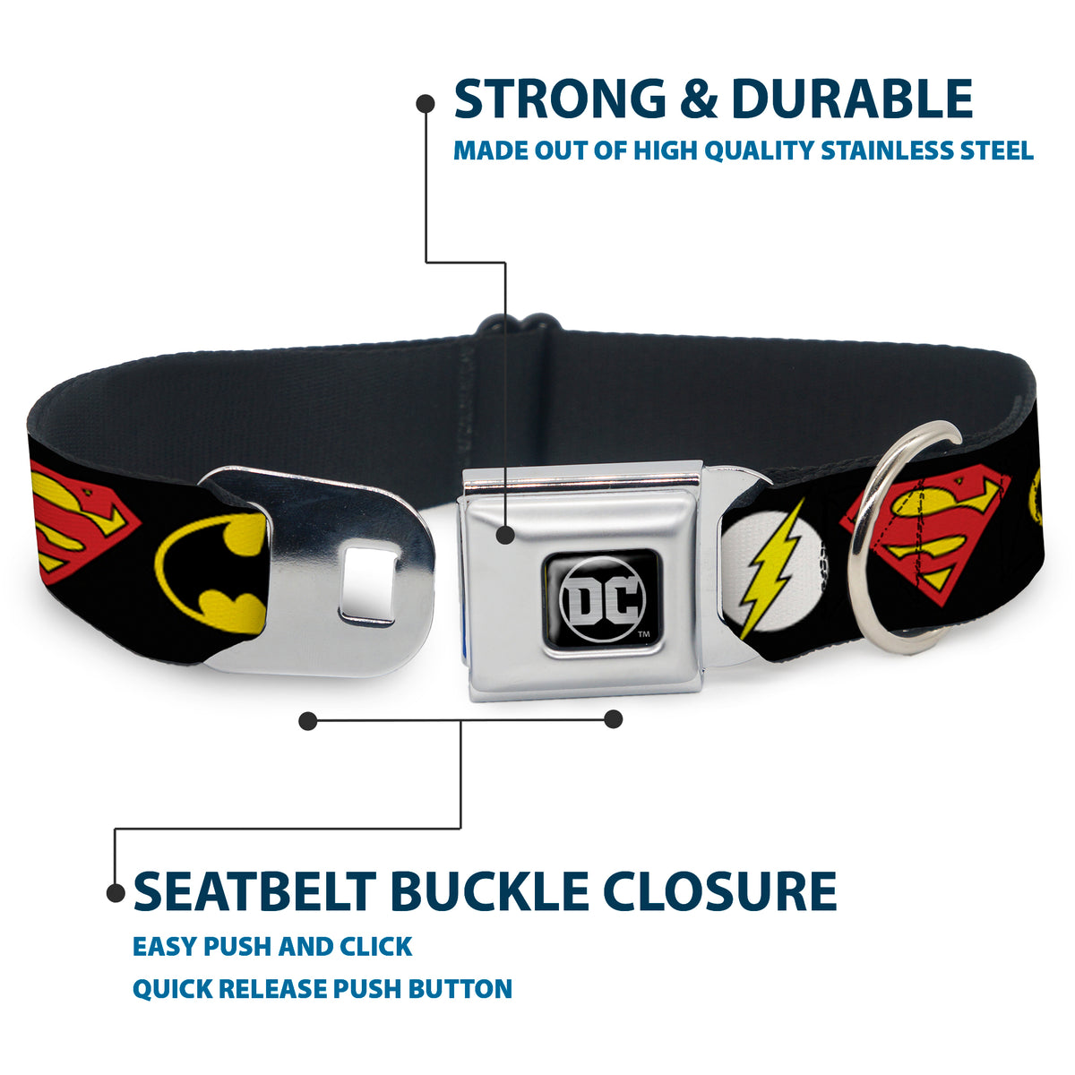 DC Round Logo Black/Silver Seatbelt Buckle Collar - Justice League Superhero Logos Dog Collars Seatbelt Buckle DC Comics