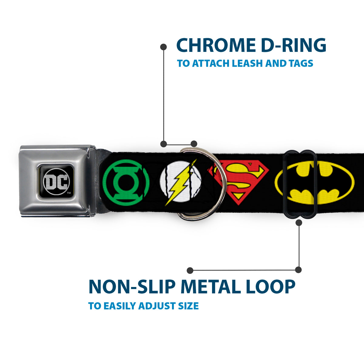 DC Round Logo Black/Silver Seatbelt Buckle Collar - Justice League Superhero Logos Dog Collars Seatbelt Buckle DC Comics