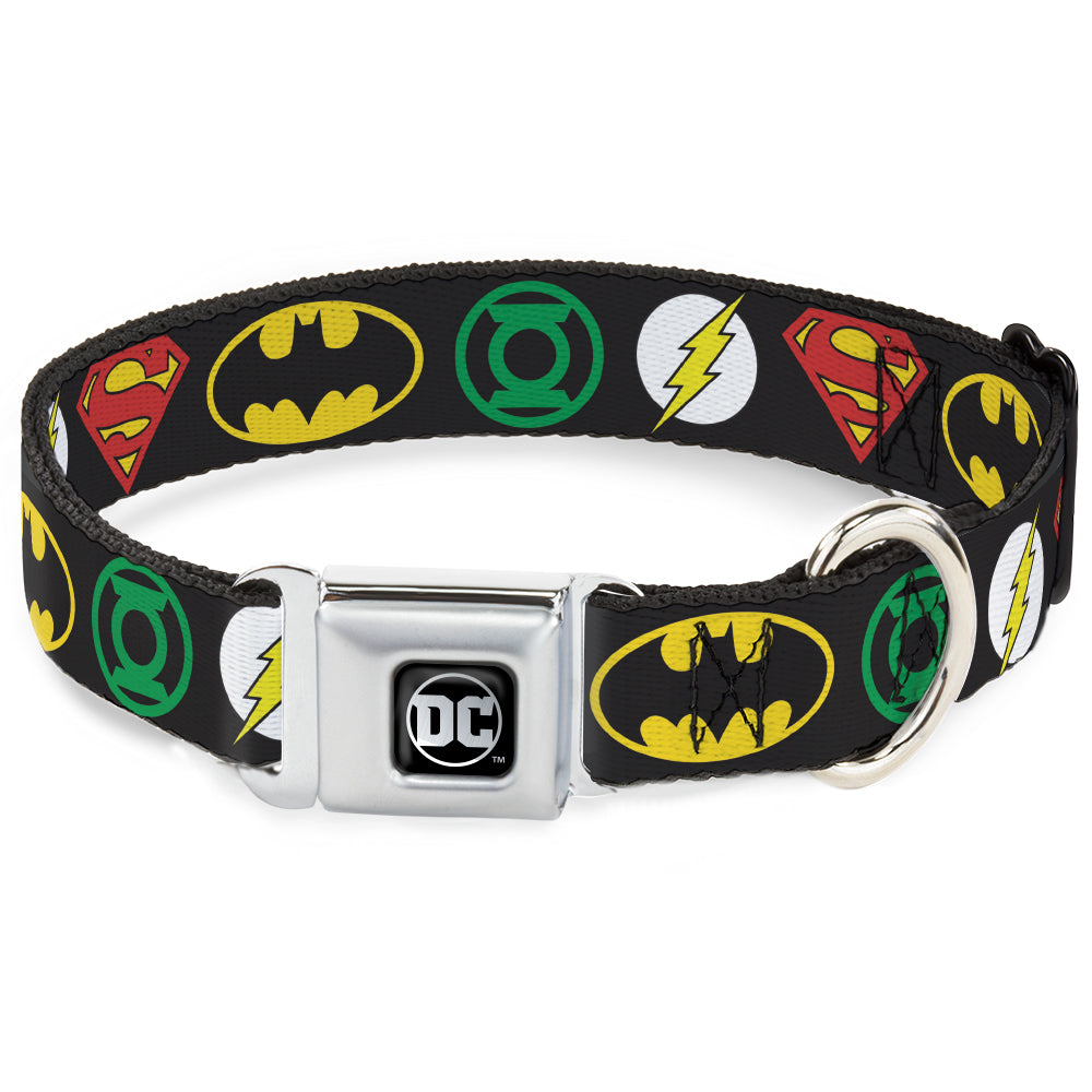 DC Round Logo Black/Silver Seatbelt Buckle Collar - Justice League Superhero Logos Dog Collars Seatbelt Buckle DC Comics