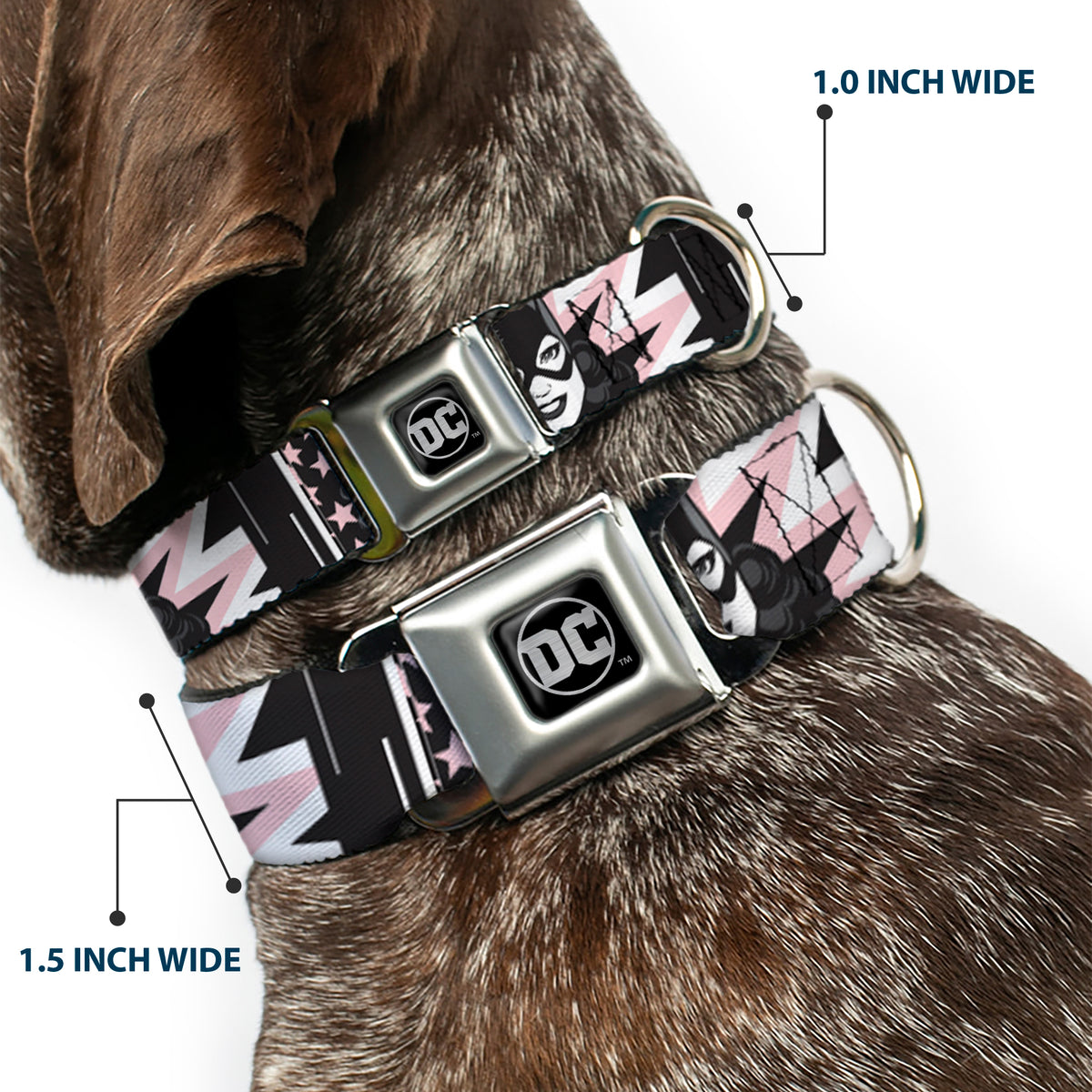 DC Round Logo Black/Silver Seatbelt Buckle Collar - Batgirl/Wonder Woman/Supergirl Retro Panels Black/Pink/White Dog Collars Seatbelt Buckle DC Comics