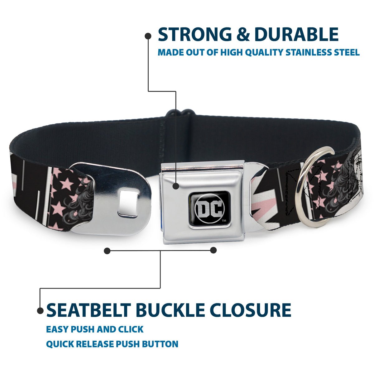 DC Round Logo Black/Silver Seatbelt Buckle Collar - Batgirl/Wonder Woman/Supergirl Retro Panels Black/Pink/White Dog Collars Seatbelt Buckle DC Comics