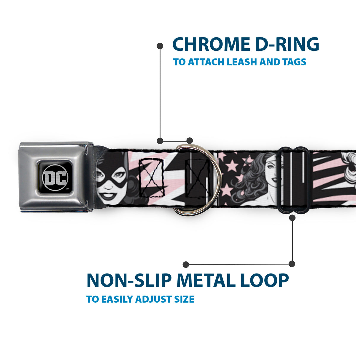 DC Round Logo Black/Silver Seatbelt Buckle Collar - Batgirl/Wonder Woman/Supergirl Retro Panels Black/Pink/White Dog Collars Seatbelt Buckle DC Comics