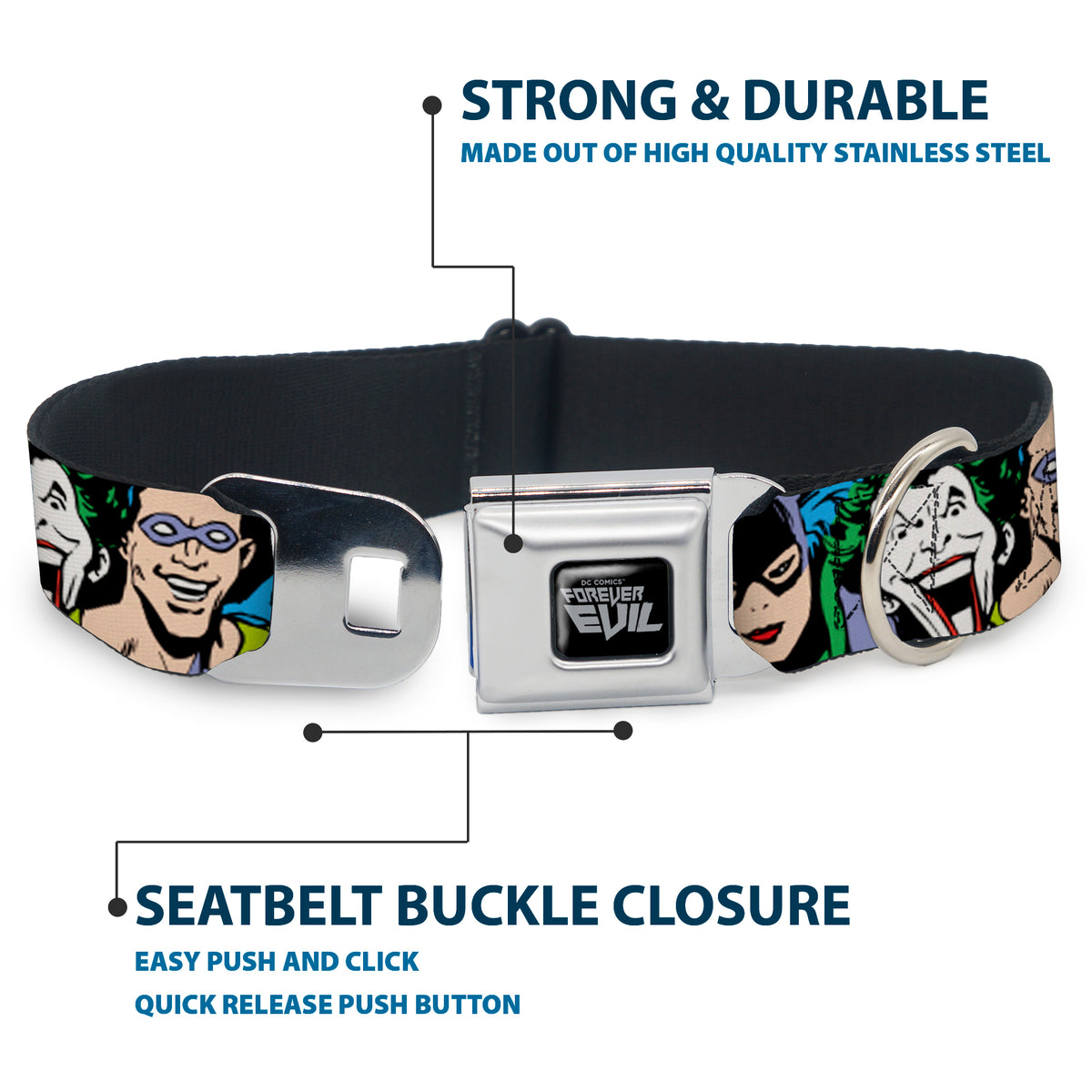 DC COMICS FOREVER EVIL Logo Black/Silver Seatbelt Buckle Collar - Justice League Villains CLOSE-UP Dog Collars Seatbelt Buckle DC Comics