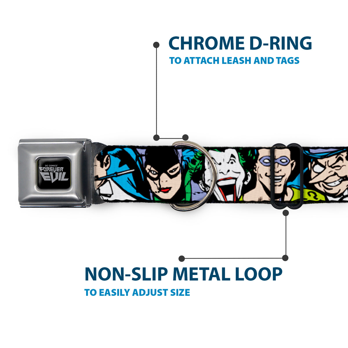 DC COMICS FOREVER EVIL Logo Black/Silver Seatbelt Buckle Collar - Justice League Villains CLOSE-UP Dog Collars Seatbelt Buckle DC Comics