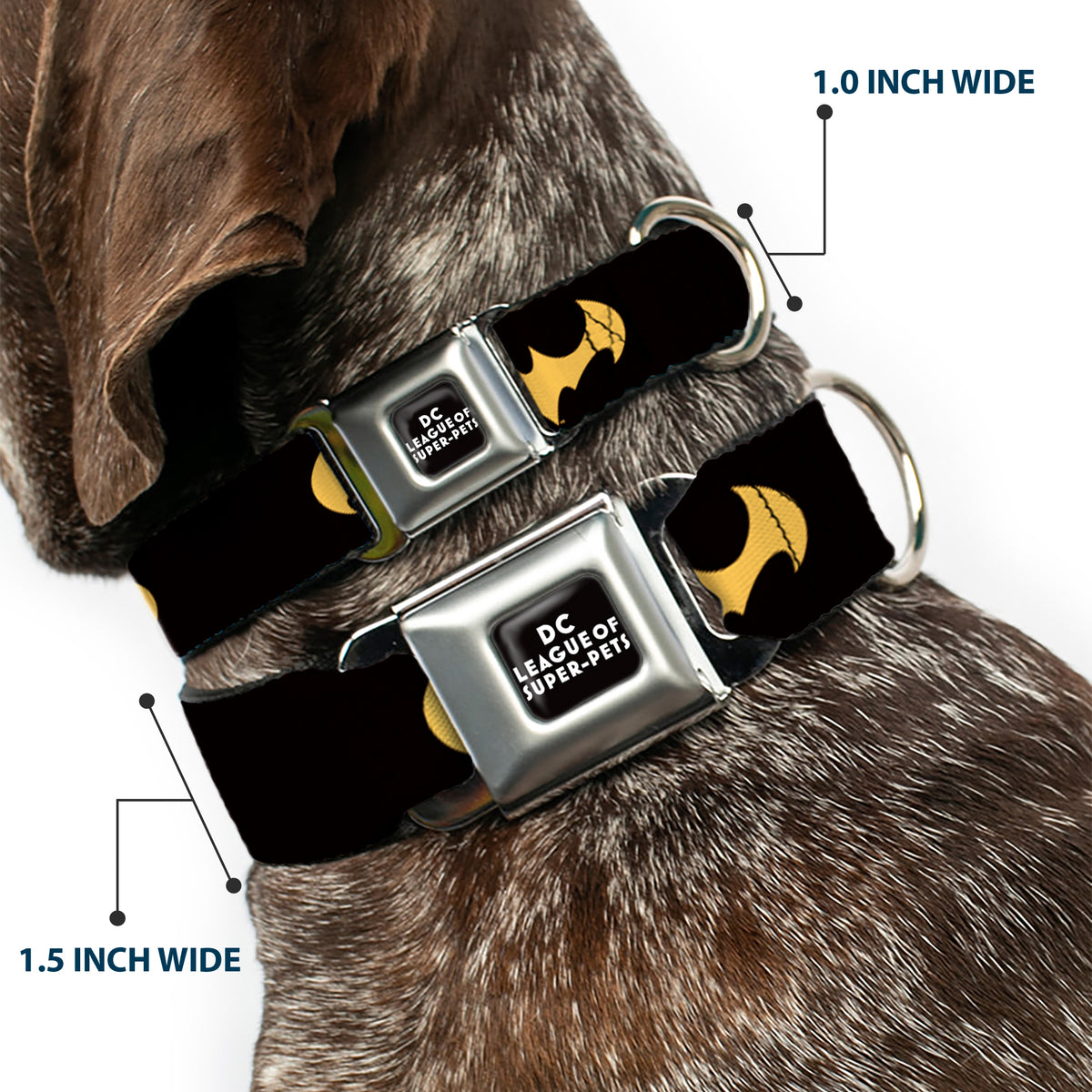 DC LEAGUE OF SUPER-PETS Logo Full Color Black/White Seatbelt Buckle Collar - DC League of Super-Pets Batman Bat Logo Black/Yellow Dog Collars Seatbelt Buckle DC Comics