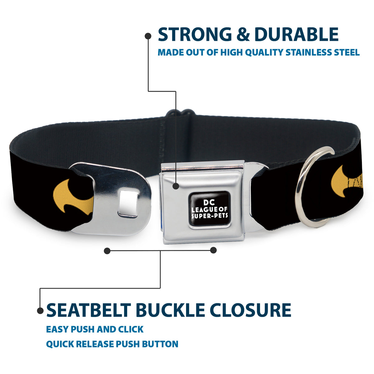 DC LEAGUE OF SUPER-PETS Logo Full Color Black/White Seatbelt Buckle Collar - DC League of Super-Pets Batman Bat Logo Black/Yellow Dog Collars Seatbelt Buckle DC Comics