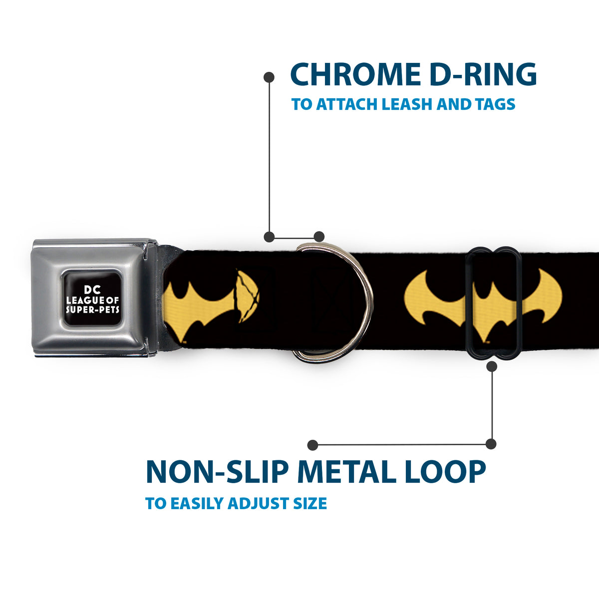 DC LEAGUE OF SUPER-PETS Logo Full Color Black/White Seatbelt Buckle Collar - DC League of Super-Pets Batman Bat Logo Black/Yellow Dog Collars Seatbelt Buckle DC Comics
