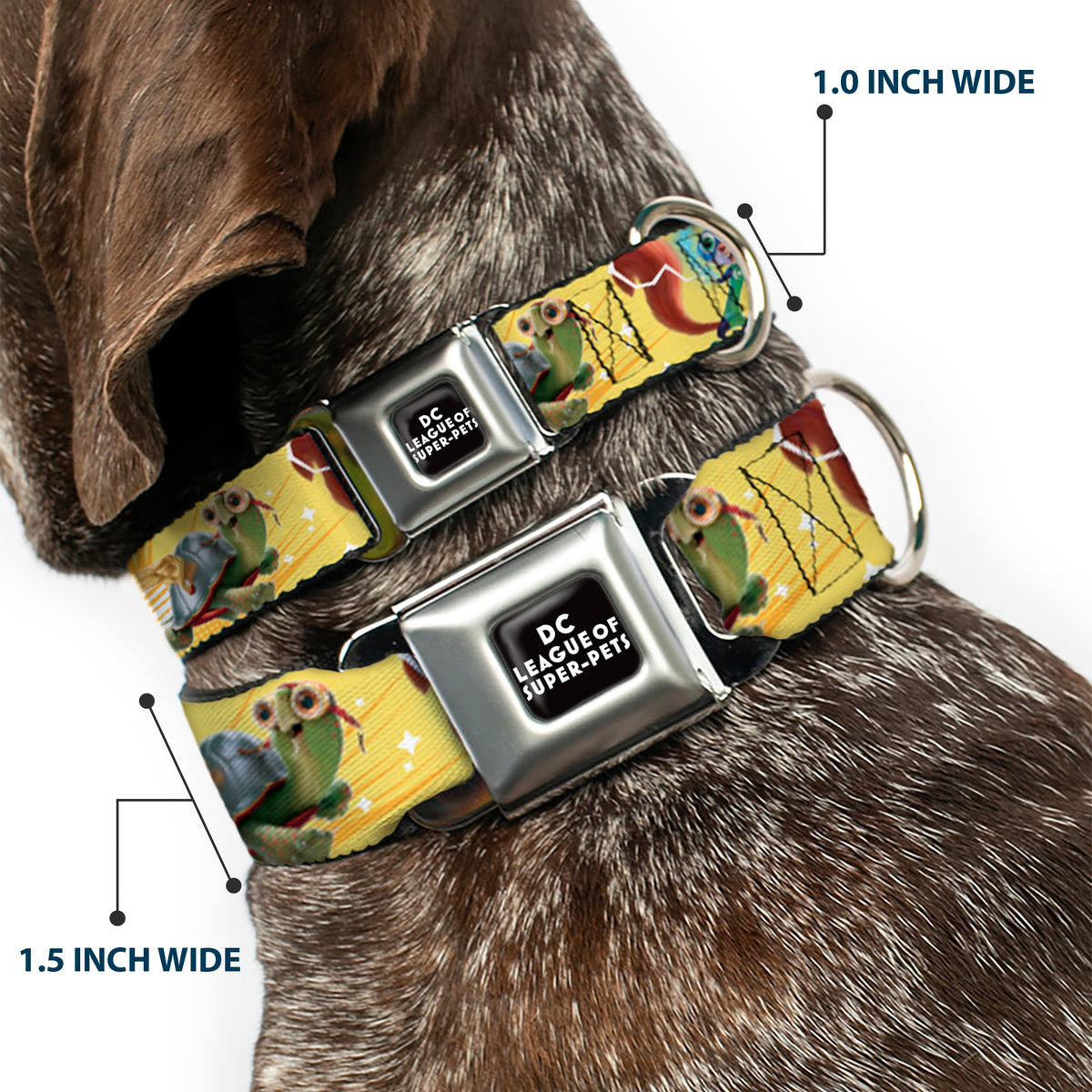 DC LEAGUE OF SUPER-PETS Logo Full Color Black/White Seatbelt Buckle Collar - DC LEAGUE OF SUPER-PETS 6-Superhero Pet Poses Collage Yellows Dog Collars Seatbelt Buckle DC Comics