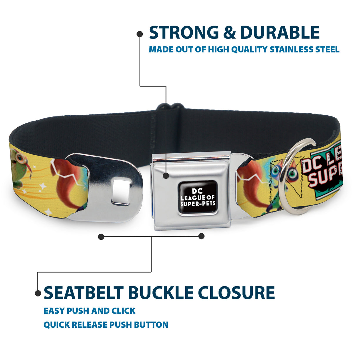 DC LEAGUE OF SUPER-PETS Logo Full Color Black/White Seatbelt Buckle Collar - DC LEAGUE OF SUPER-PETS 6-Superhero Pet Poses Collage Yellows Dog Collars Seatbelt Buckle DC Comics