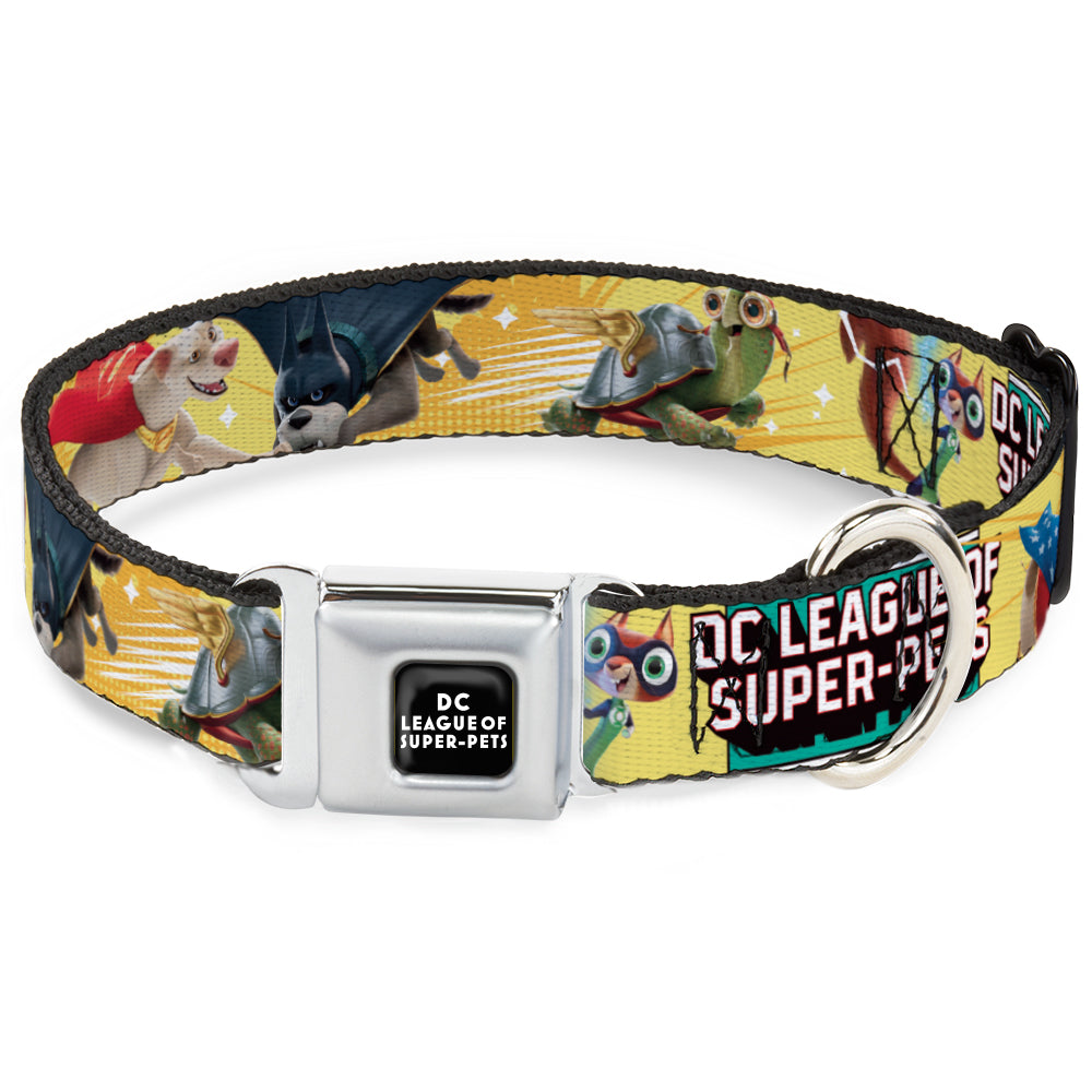 DC LEAGUE OF SUPER-PETS Logo Full Color Black/White Seatbelt Buckle Collar - DC LEAGUE OF SUPER-PETS 6-Superhero Pet Poses Collage Yellows Dog Collars Seatbelt Buckle DC Comics
