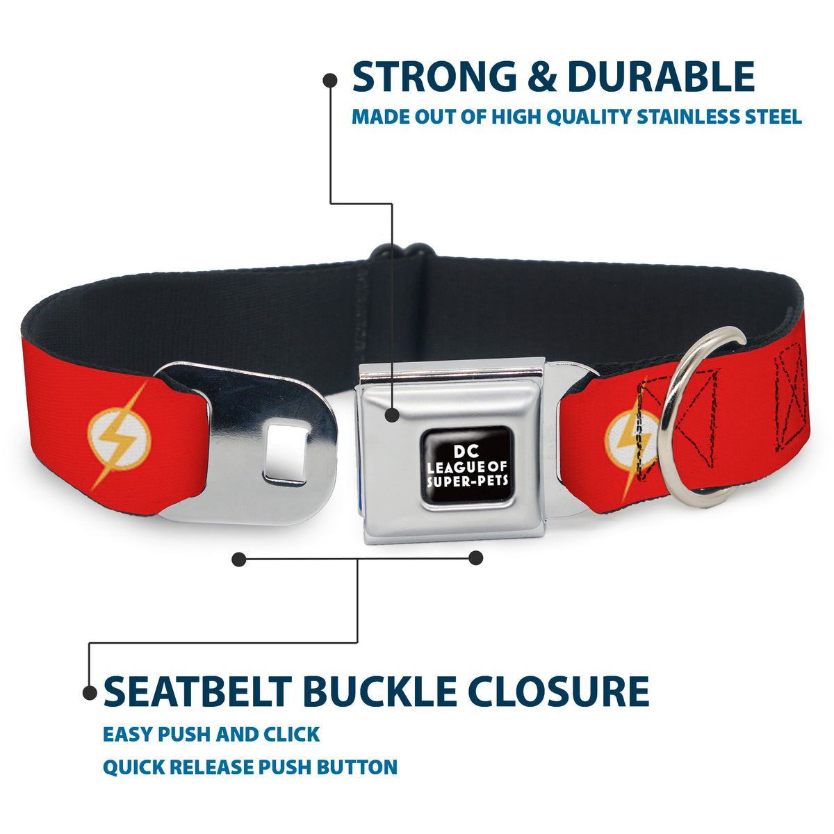 DC LEAGUE OF SUPER-PETS Logo Full Color Black/White Seatbelt Buckle Collar - DC League of Super-Pets Flash Bolt Logo Red/Yellow/White Dog Collars Seatbelt Buckle DC Comics