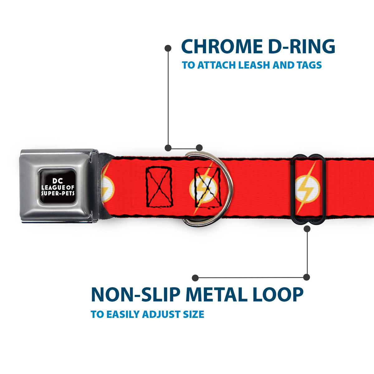 DC LEAGUE OF SUPER-PETS Logo Full Color Black/White Seatbelt Buckle Collar - DC League of Super-Pets Flash Bolt Logo Red/Yellow/White Dog Collars Seatbelt Buckle DC Comics