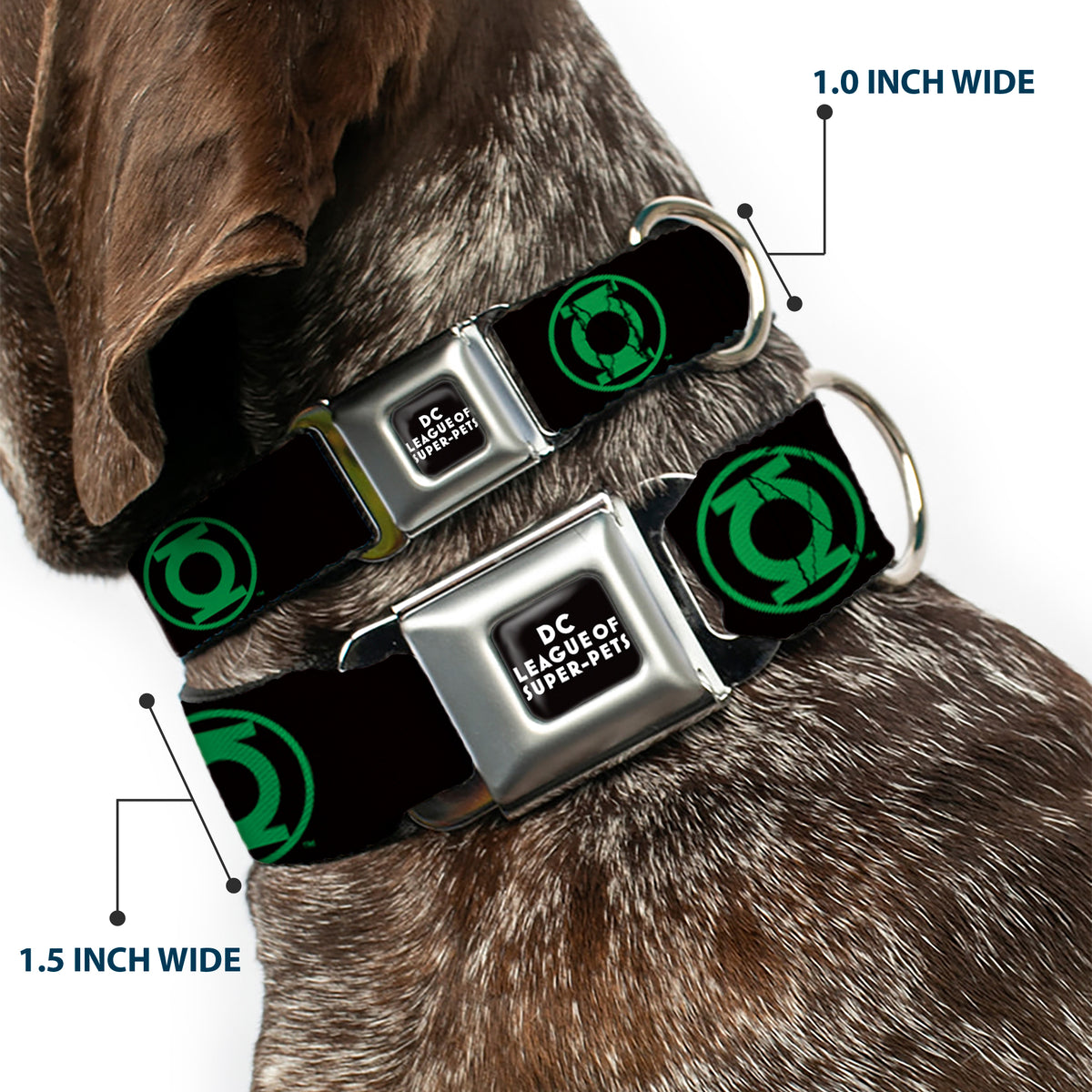 DC LEAGUE OF SUPER-PETS Logo Full Color Black/White Seatbelt Buckle Collar - DC League of Super-Pets Green Lantern Logo Black/Green Dog Collars Seatbelt Buckle DC Comics