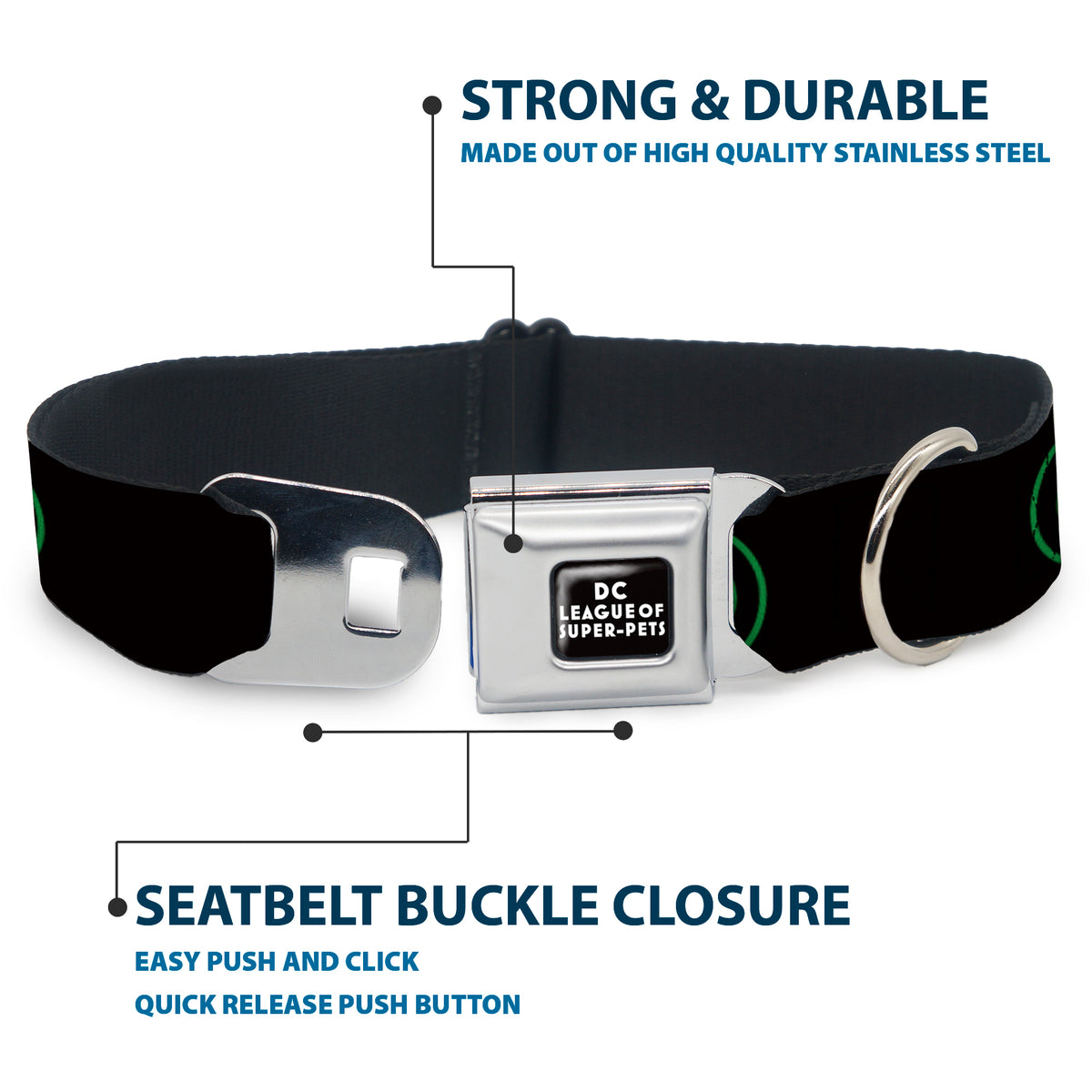 DC LEAGUE OF SUPER-PETS Logo Full Color Black/White Seatbelt Buckle Collar - DC League of Super-Pets Green Lantern Logo Black/Green Dog Collars Seatbelt Buckle DC Comics