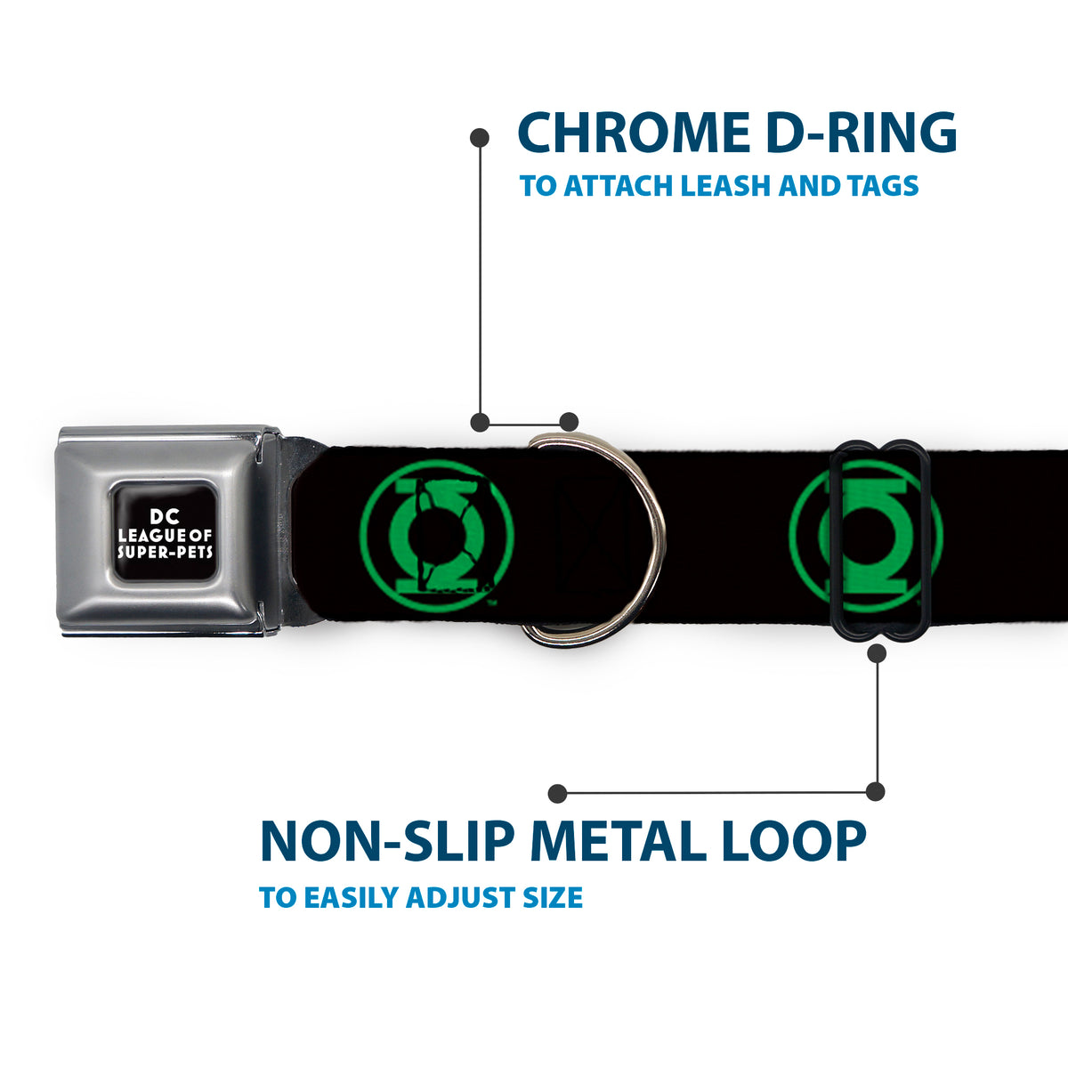 DC LEAGUE OF SUPER-PETS Logo Full Color Black/White Seatbelt Buckle Collar - DC League of Super-Pets Green Lantern Logo Black/Green Dog Collars Seatbelt Buckle DC Comics