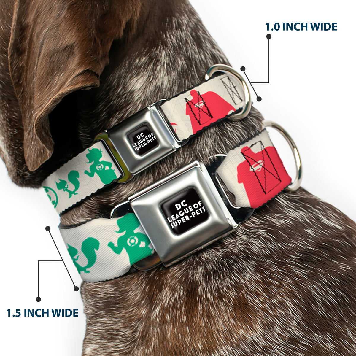 DC LEAGUE OF SUPER-PETS Logo Full Color Black/White Seatbelt Buckle Collar - DC League of Super-Pets Superhero with Pets and Logos Silhouette White/Multi Color Dog Collars Seatbelt Buckle DC Comics