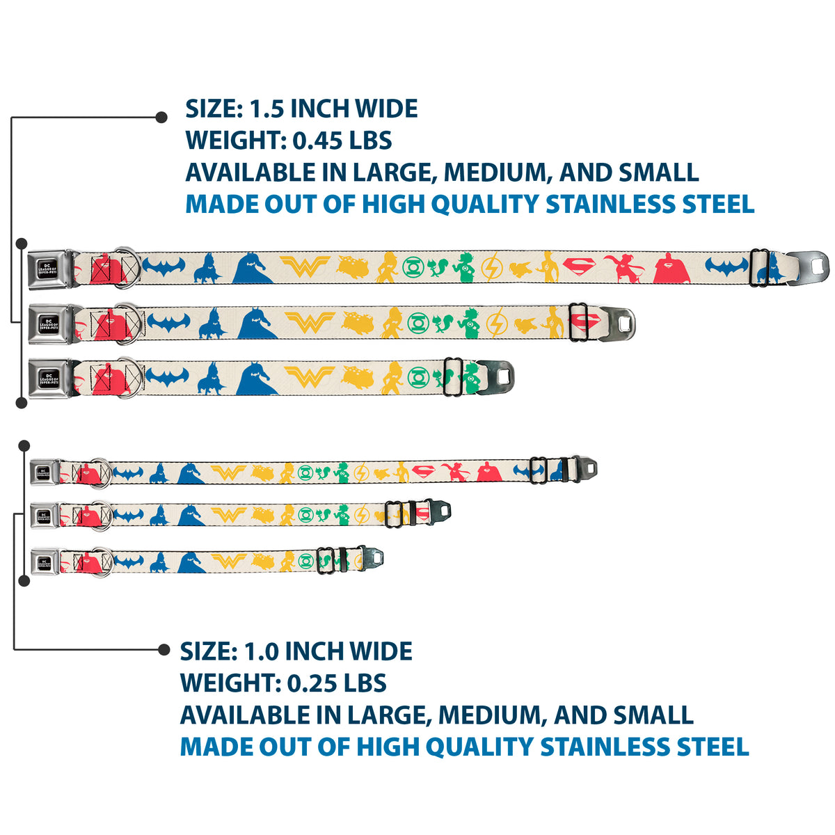 DC LEAGUE OF SUPER-PETS Logo Full Color Black/White Seatbelt Buckle Collar - DC League of Super-Pets Superhero with Pets and Logos Silhouette White/Multi Color Dog Collars Seatbelt Buckle DC Comics