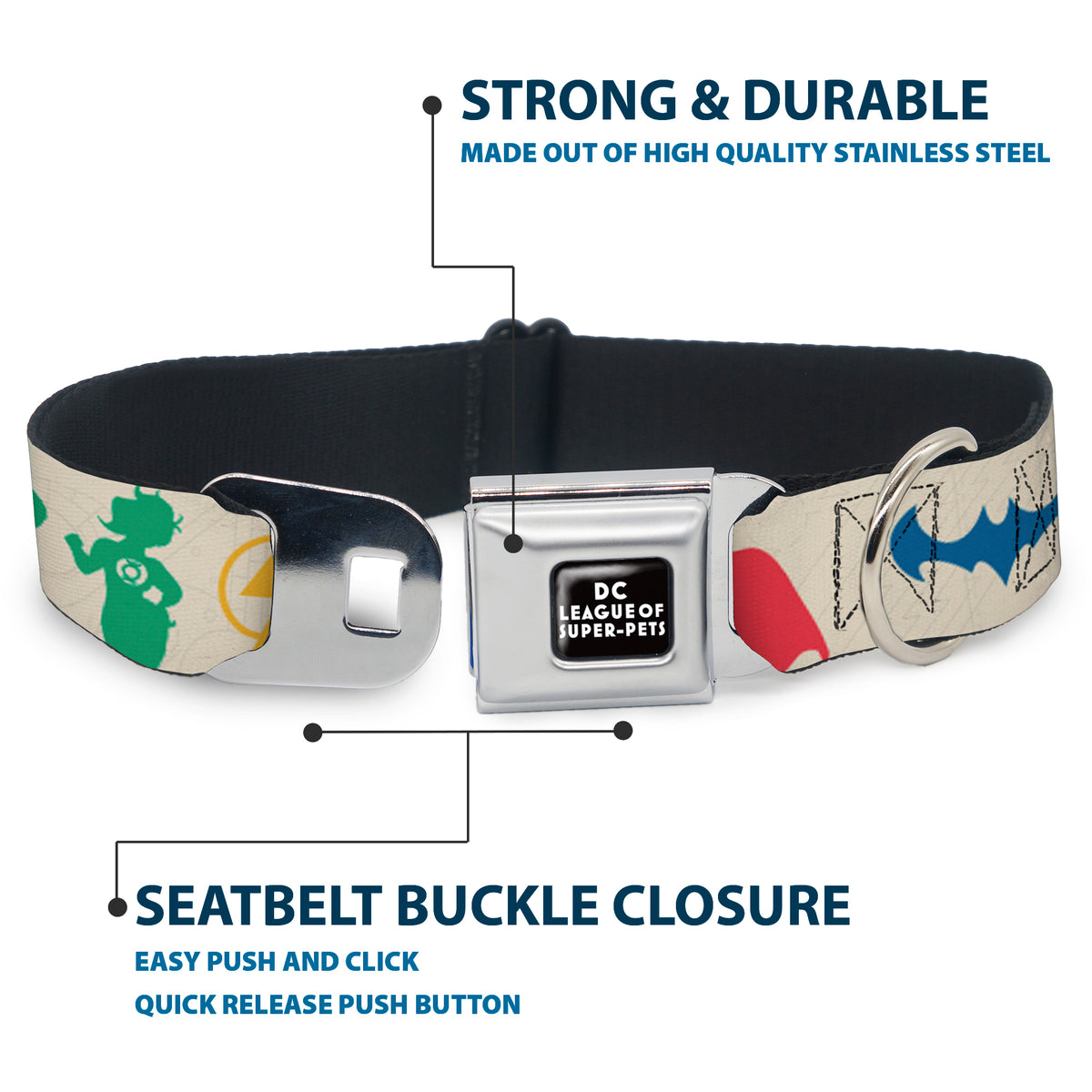 DC LEAGUE OF SUPER-PETS Logo Full Color Black/White Seatbelt Buckle Collar - DC League of Super-Pets Superhero with Pets and Logos Silhouette White/Multi Color Dog Collars Seatbelt Buckle DC Comics